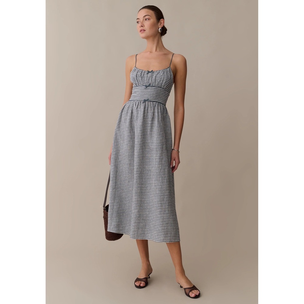 Kourt Darya Teal Gingham Linen Midi Dress Smocked Back Bow Detail Size XS